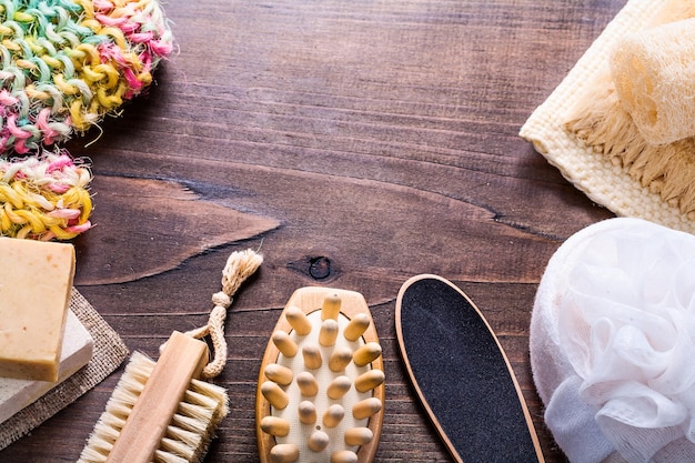 Set of bathroom items on vintage wooden boards