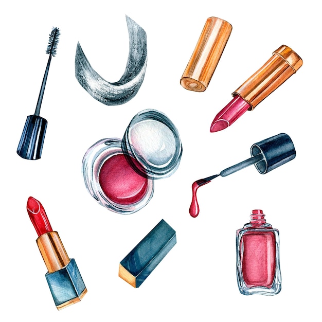 Set of beaty products watercolor illustration isolated