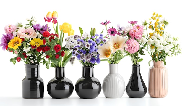 Set of beautiful fresh flowers in stylish vases on white background