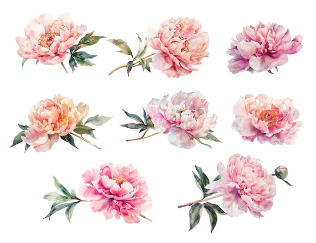 Foto un set di bellissimi fiori di peonia rosa pallido per matrimoni e inviti