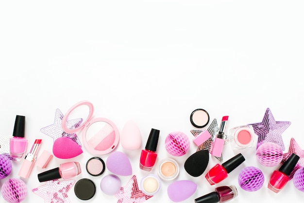 Set of beauty accessory and makeup cosmetic products