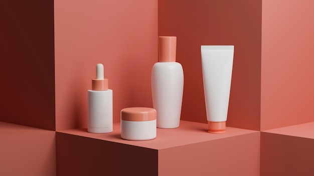 Set di un prodotto di bellezza che confeziona un vasetto per la cura della pelle con contagocce e tubo mockup 3d render