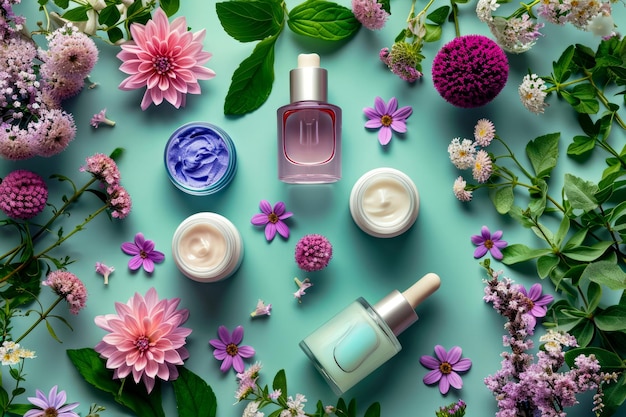 Set of beauty products with purple flowers surrounding them