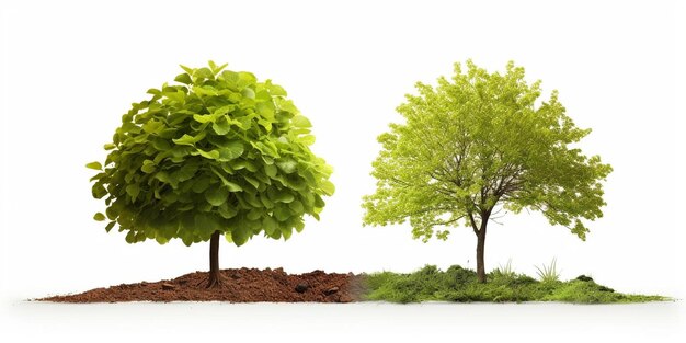 Set of Beech tree growing in the ground isolated on white background