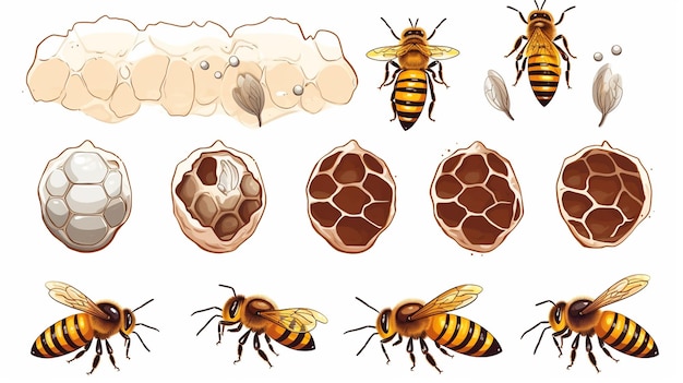 Photo set of bees and honey vector isolated on a white background