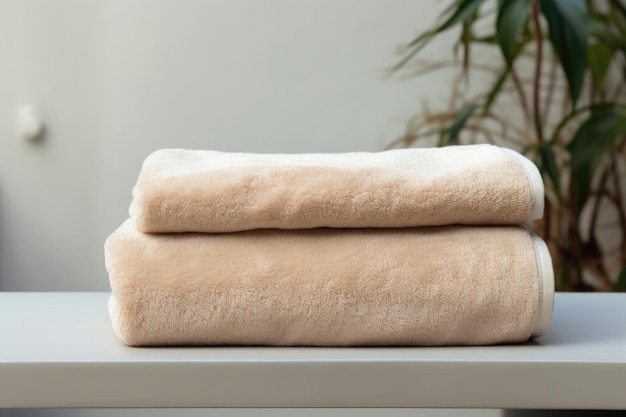 A set of beige bath terry towels on a wooden table in the bathroom