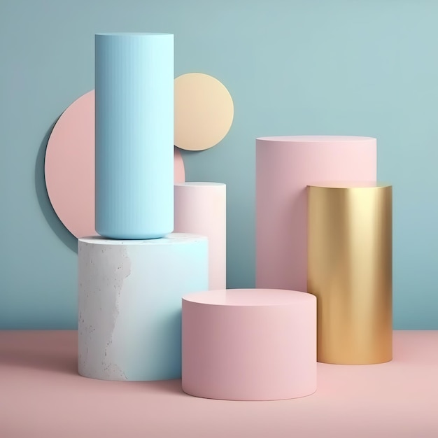 Set of beige blue pink and white realistic 3d cylinder pedestal podium in pastel colorful abstract