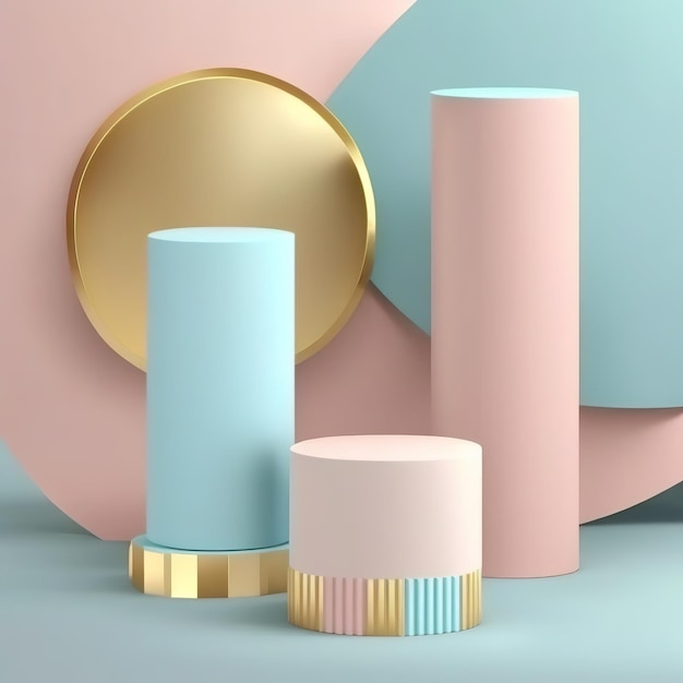 Set of beige blue pink and white realistic 3d cylinder pedestal podium in pastel colorful abstract