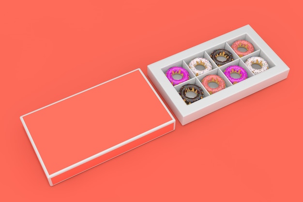 Набор больших глазурованных пончиков в розовой бумажной коробке с свободным пространством для вашего дизайна на розовом фоне. 3d рендеринг