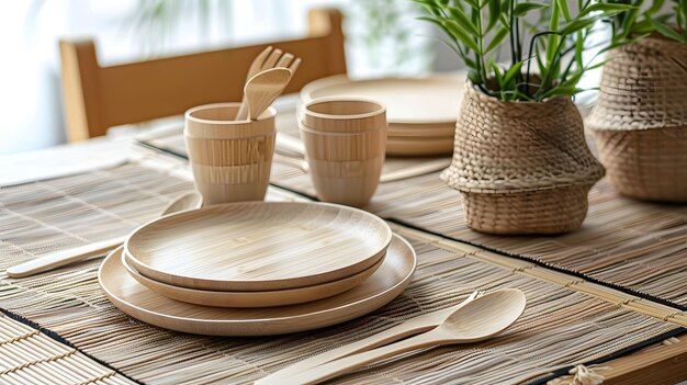 A set of biodegradable utensils including forks spoons and plates