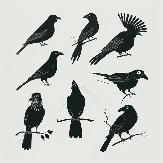 Photo set of birds silhouettes on a white background