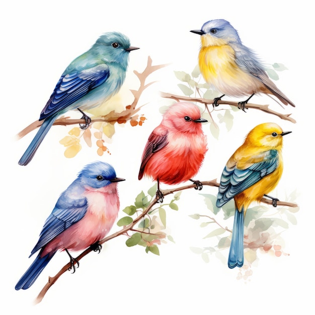 Набор птиц Акварельные иллюстрации, изолированные на белом фоне