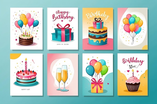Photo set of birthday cards with cake gift box balloons champagne handwritten lettering