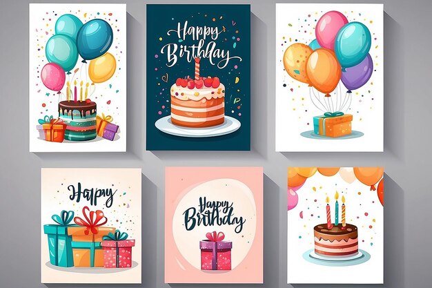 Set of Birthday cards with cake gift box balloons champagne Handwritten lettering