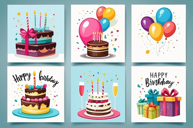 Set of Birthday cards with cake gift box balloons champagne Handwritten lettering