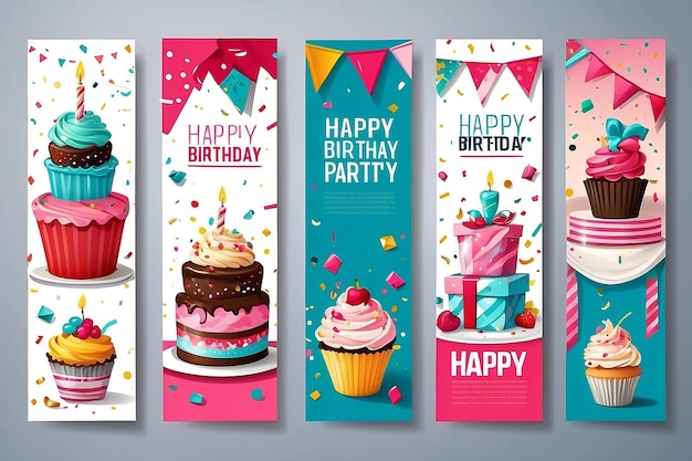 Photo set of birthday promo banners with cake champagne cupcake gifts caps confetti