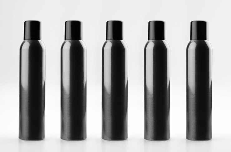 Set of black, beauty aerosol cans of aluminum with caps. Cosmetic hairspray bottles.