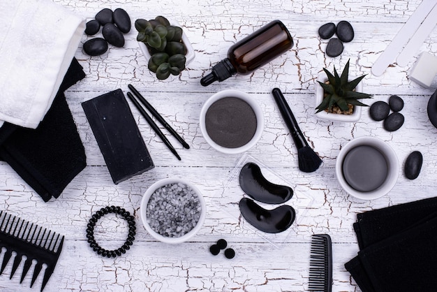 Photo set of black charcoal detox cosmetics