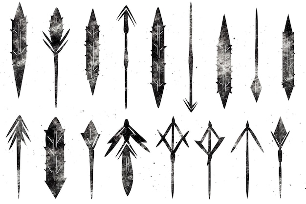 Set of black grunge hand drawn arrows isolated