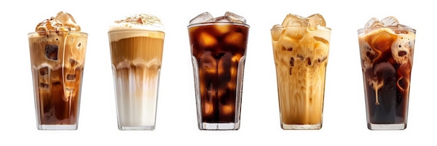 Photo set of black ice coffee and ice latte coffee with milk in tall glass isolated on white background