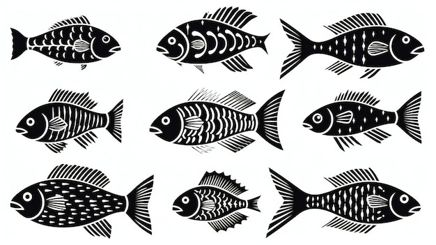 Foto set di illustrazioni nere di pesci