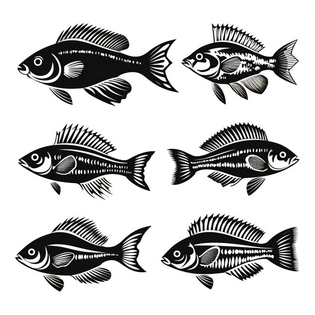 set of black illustration of fish