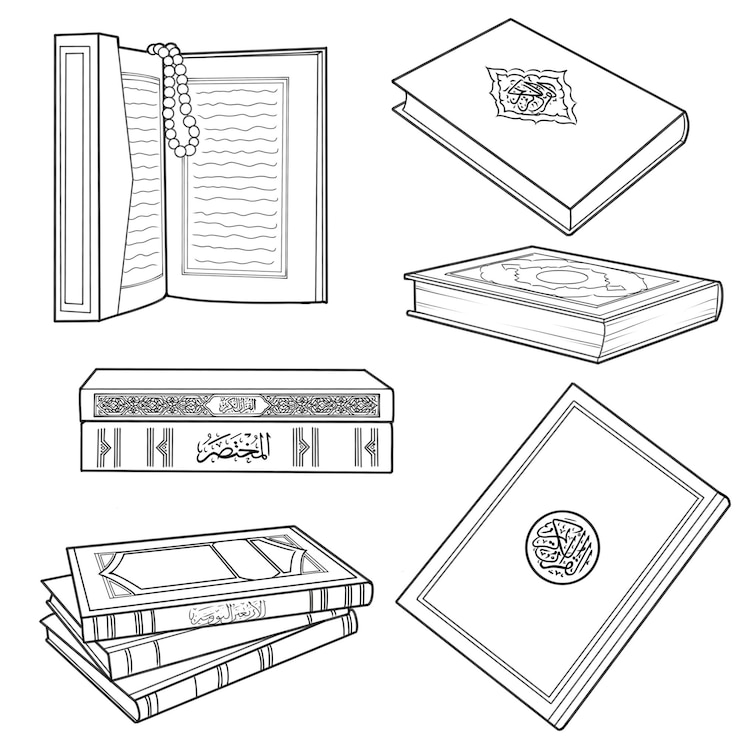 Photo set of black line art illustration of the quran or muslim book coloring page