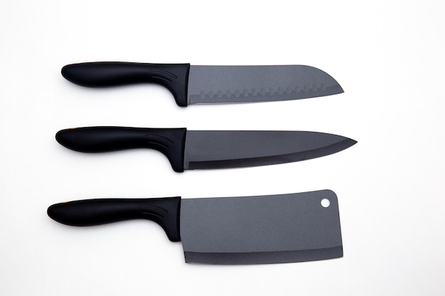Photo set of black luxury kitchen knife isolated on white