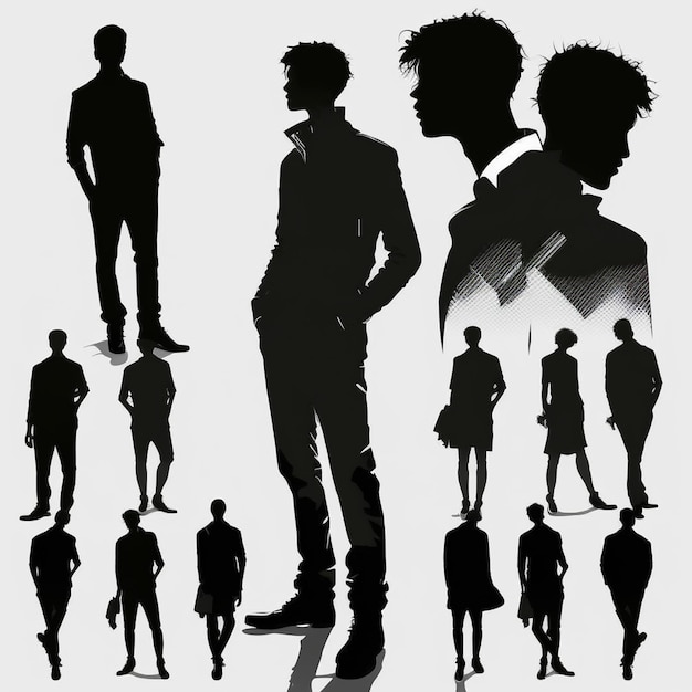 Photo set of black men silhouettes on a white background