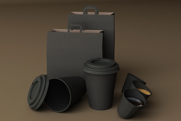 set of black paper shopping bag and coffee cups on brown background 3d rendering