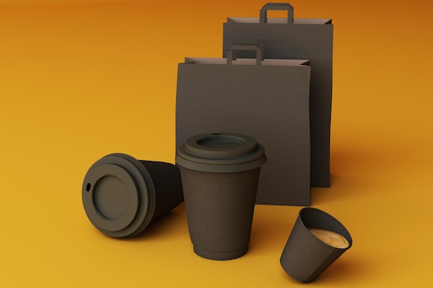 set of black paper shopping bag and coffee cups on yellow background 3d rendering
