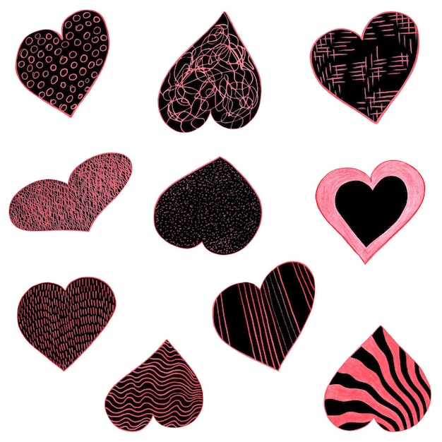 Set of Black and Red Hearts Drawn by Colored Pencil The Sign of World Heart Day Symbol of Valentines Day Heart Shape Isolated on White Background