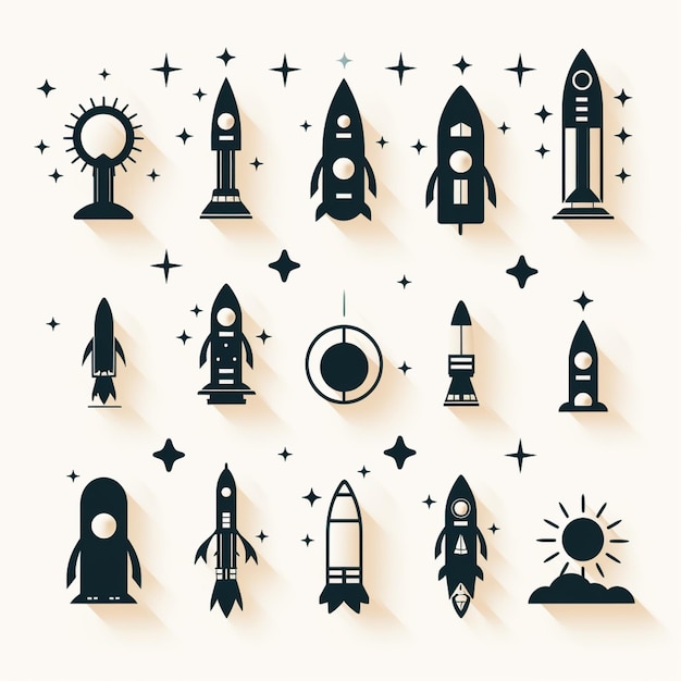 Photo a set of black rockets and rockets icons with long shadows generative ai