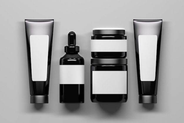 set of black shiny cosmetics bottles packaging with white labels. bottles with empty blank space. 3d illustration.