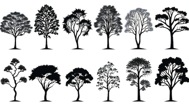 Foto set di illustrazione di silhouette nera di un albero