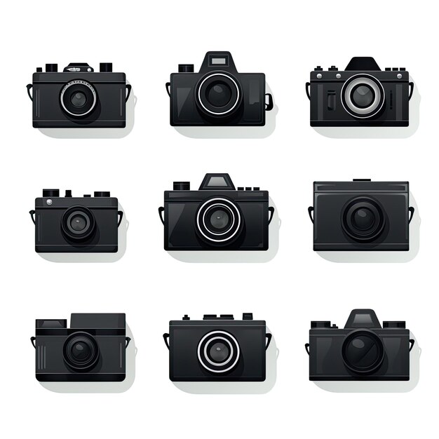 Photo set of black and white cameras isolated on white background vector illustration