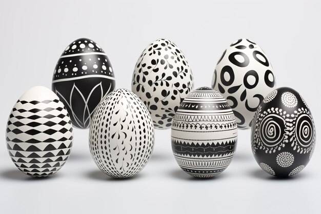 Набор черно-белых пасхальных яиц с декоративными цветочными узорами на белом