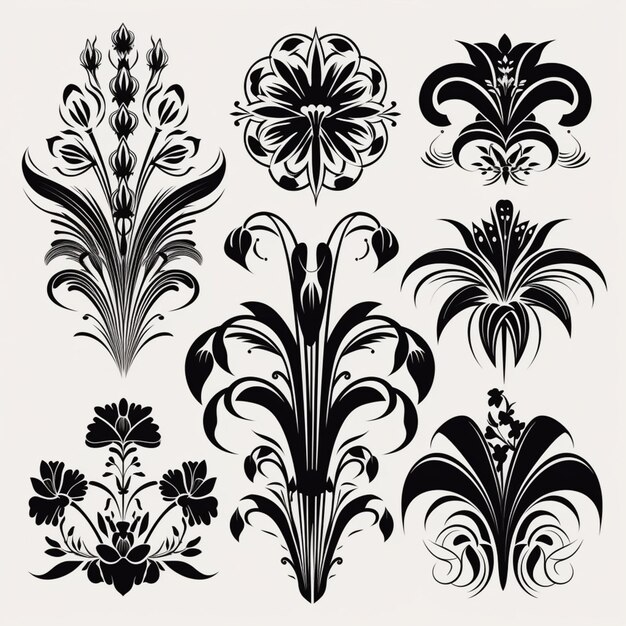 Photo a set of black and white floral designs on a white background generative ai