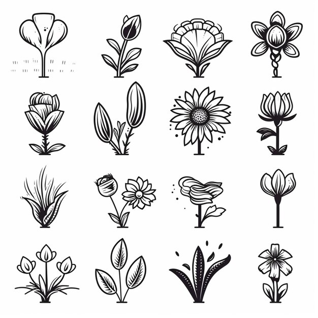 Photo a set of black and white flowers and leaves drawn in ink generative ai