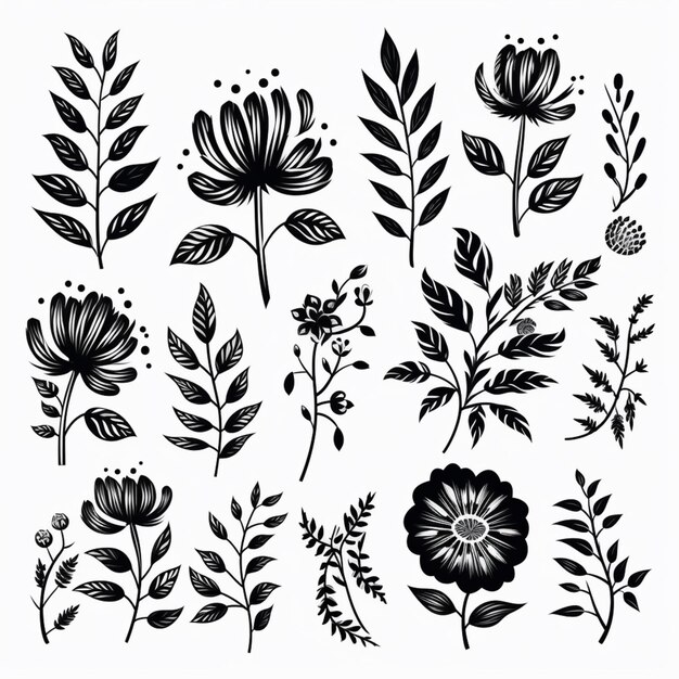 a set of black and white flowers and leaves generative ai