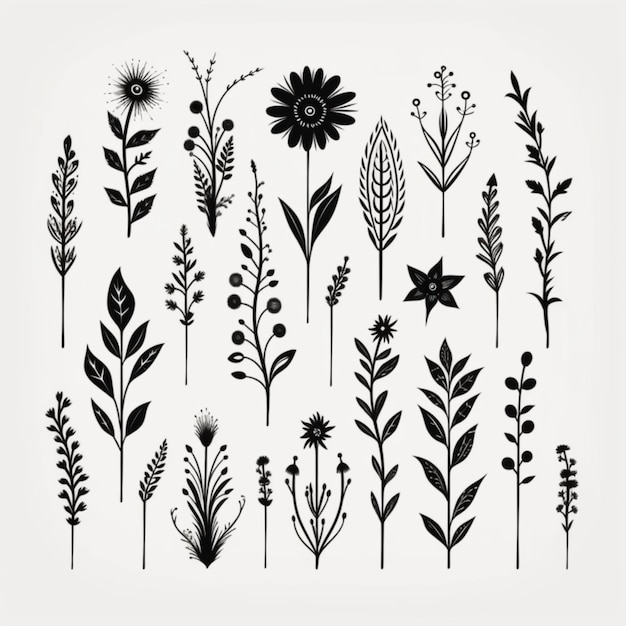 A set of black and white flowers and plants on a white background generative ai