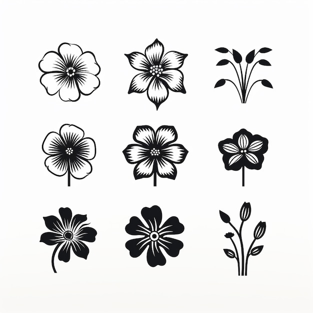 Photo set of black and white flowers silhouettes icons vector illustration