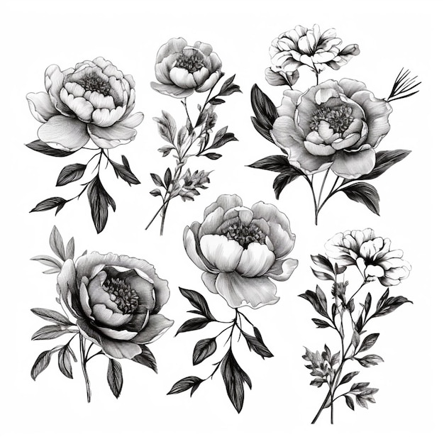 A set of black and white flowers with leaves and buds generative ai