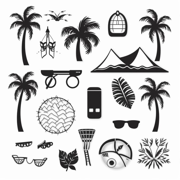 набор черно-белых икон пальмовых деревьев