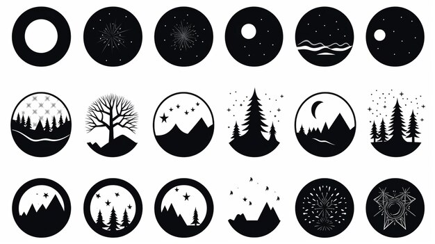 набор черно-белых иллюстраций различных деревьев и гор, генеративный AI