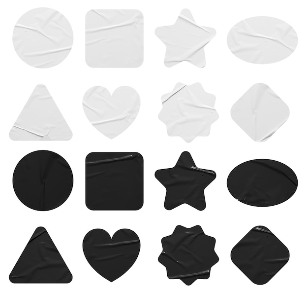 Photo set of black and white stickers mock up blank tags labels of different shapes isolated on white background with clipping path