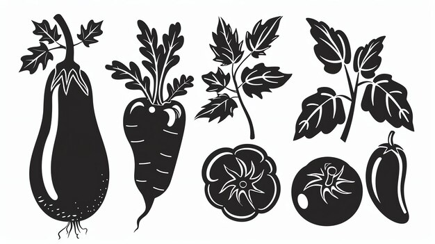 Photo a set of black and white vegetable icons the icons include an eggplant a carrot a tomato a pepper and two leafy greens