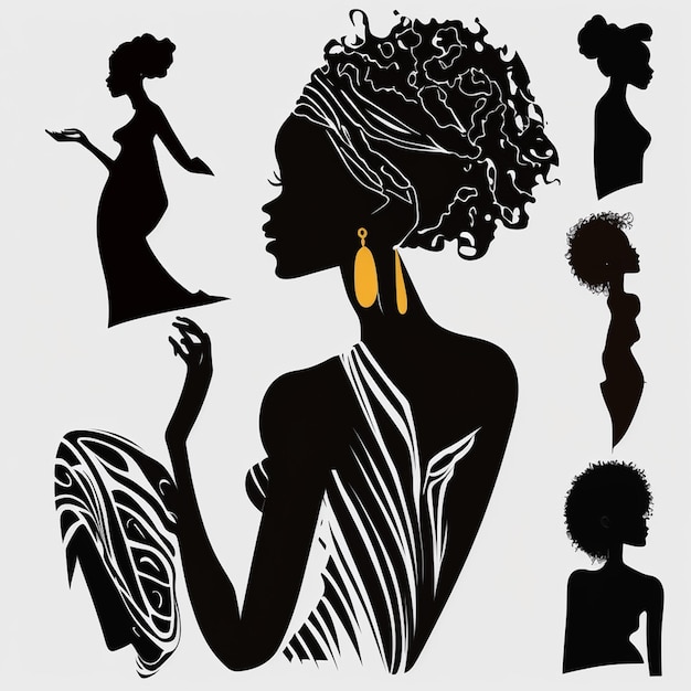 Photo set of black women silhouettes on a white background