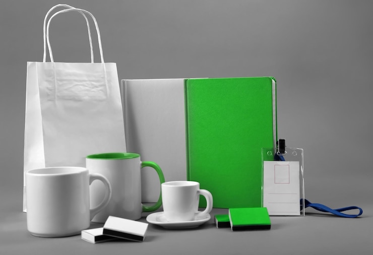 Foto set blanco items voor branding op grijze achtergrond