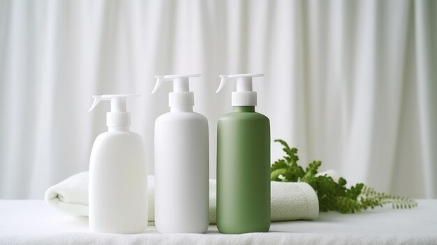 A set of blank ecofriendly detergent bottles near fresh linen